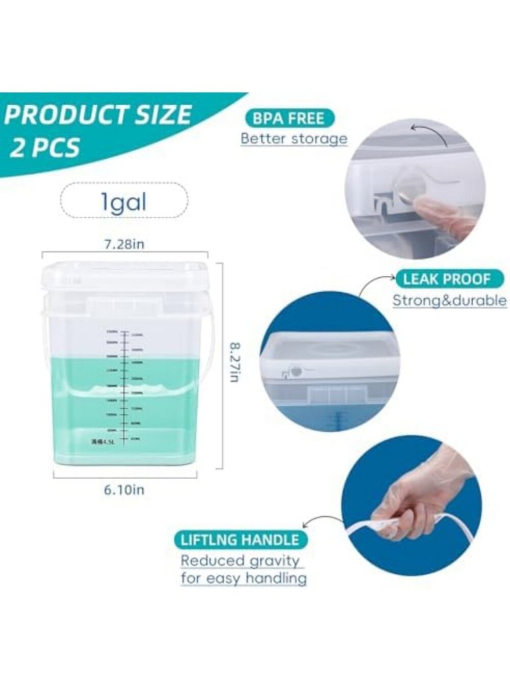 2 PCS Clear 1 Gallon Food-Grade Buckets with Lid & Comfort Grip Handle - Picture 2 of 6